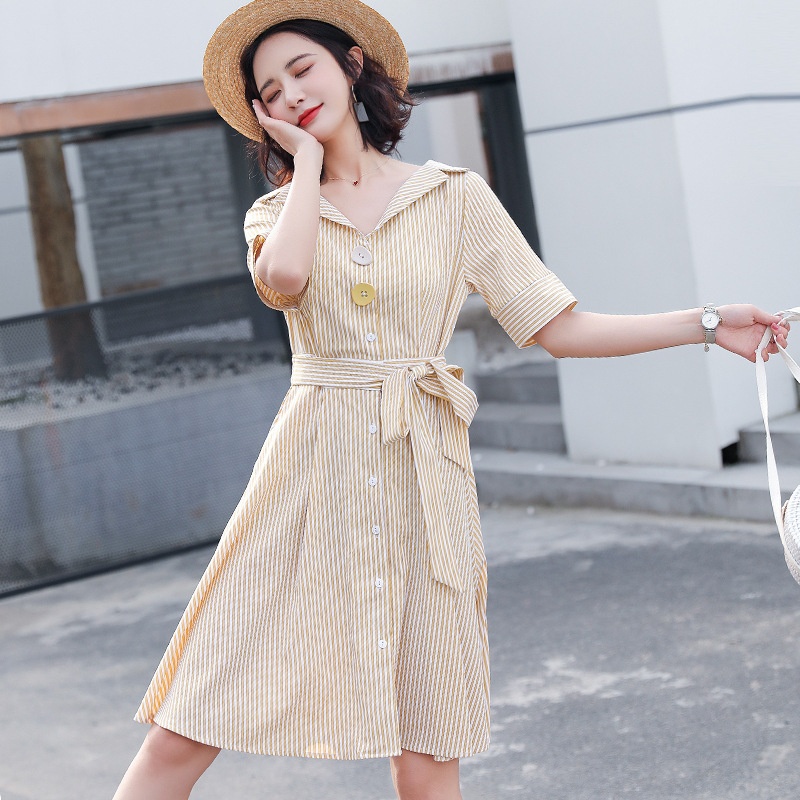 Papaya Milk Women's New Shirt Dress Korean-style V-neck Striped Short-sleeved Mid-length Slim-fit Dress Trendy Papaya Milk Women's New Shirt Dress Korean-style V-neck Striped Short-sleeved Mid-length Slim-fit Dress Trendy