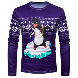 亚马逊爆款圣诞新款3D印花时尚男士圣诞节企鹅图案长袖T恤 CT482