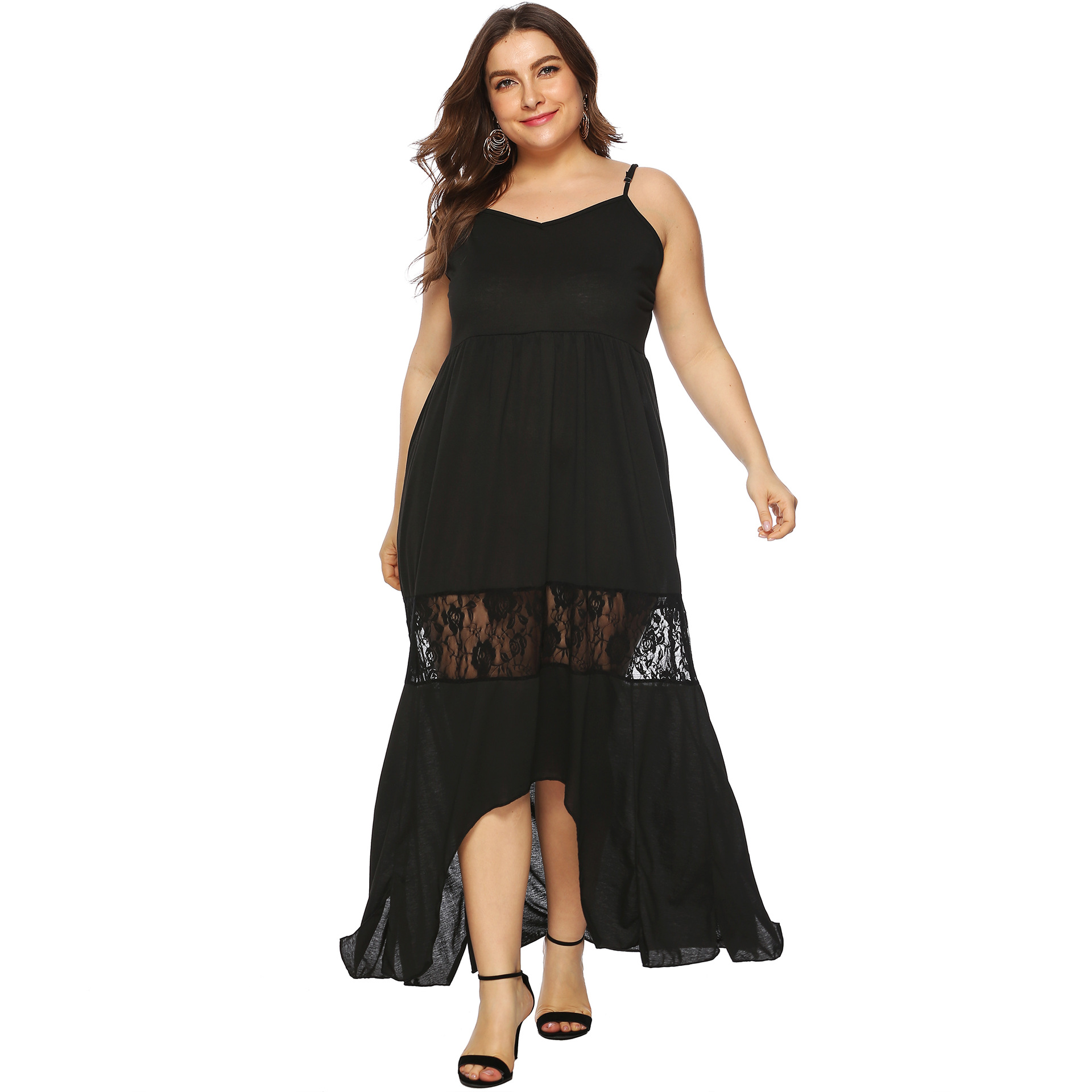 plus size irregular spliced suspender low-cut solid color lace dress NSOY125382