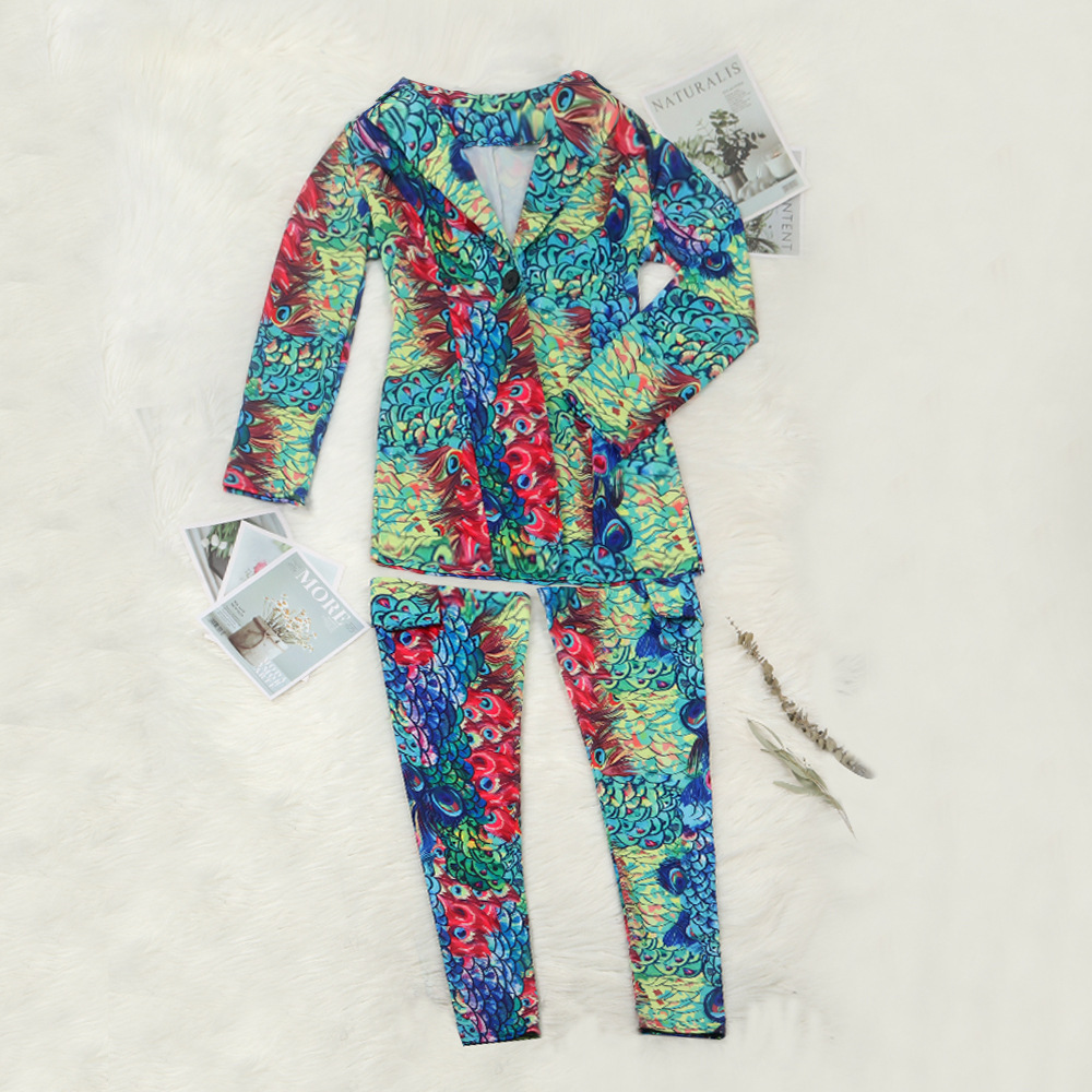 Printed Lapel Jacket & Slim Tights Leggings 2-piece Set NSWNY90720