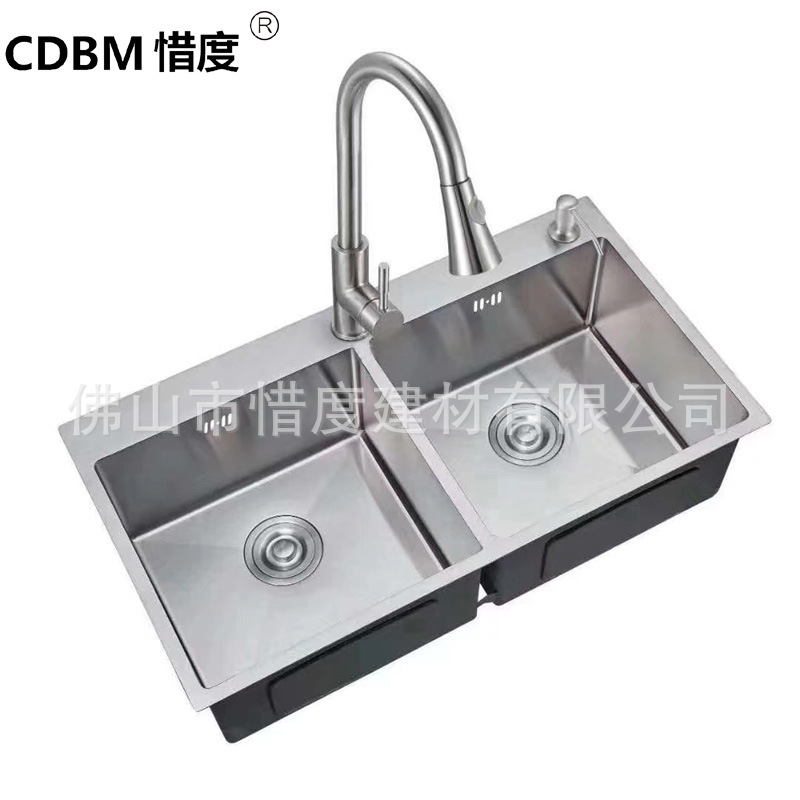 304不锈钢手工水槽双槽等边洗菜盆水斗双溢水80x45含抽拉龙头