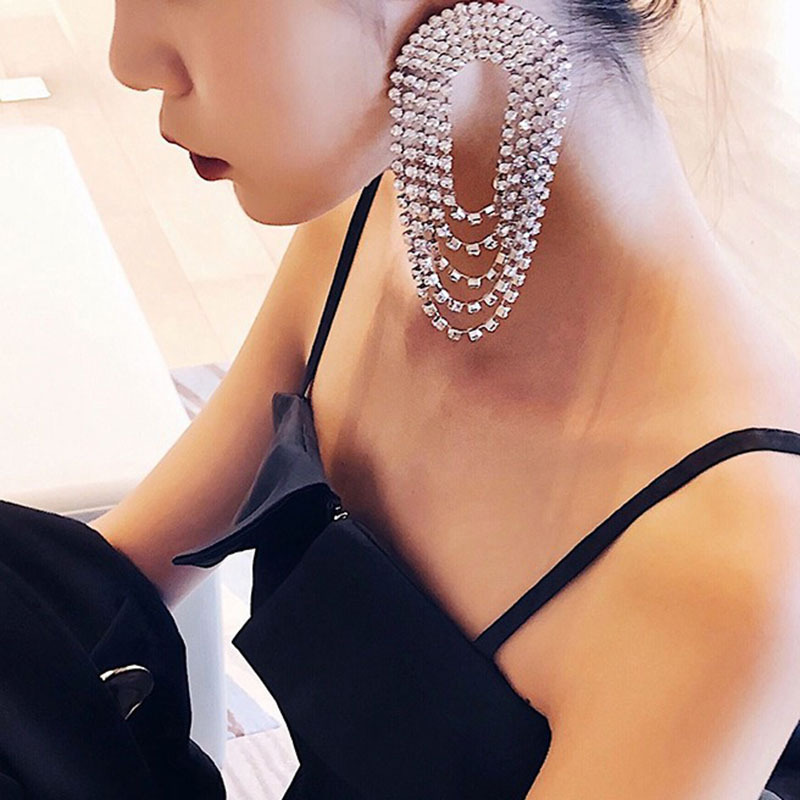 Full Diamond Oval Tassel Earrings Oval Multilayer Chain Long Super Fairy Geometric Circle Dress Earrings display picture 2