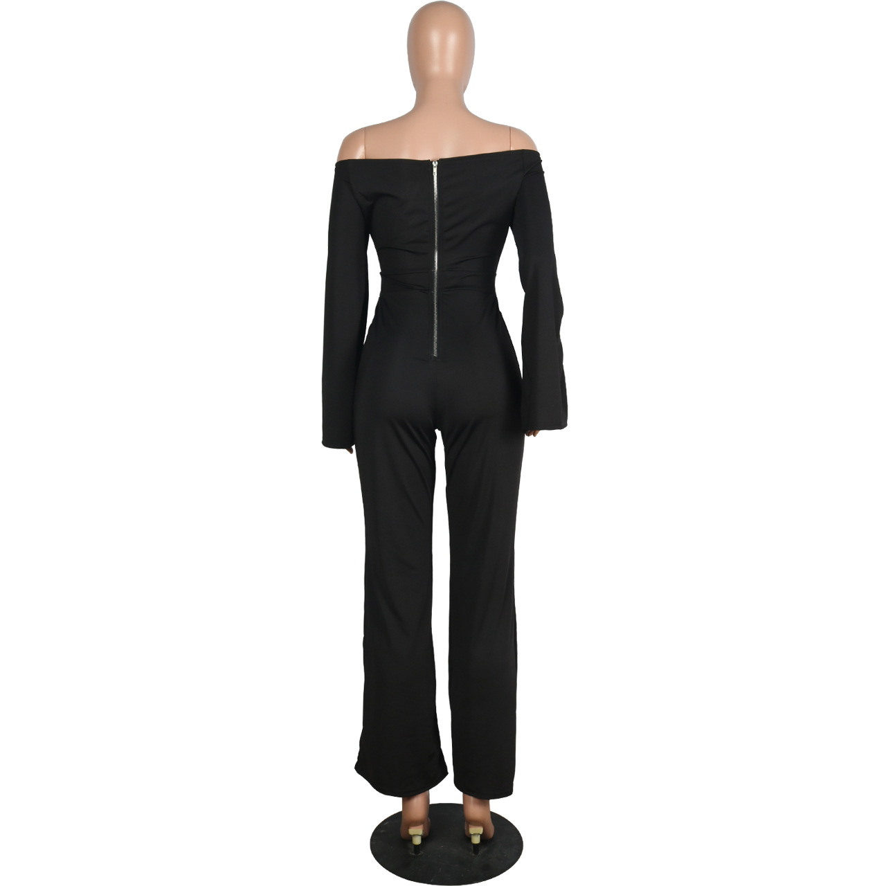 Boutique Casual Solid Color Long Sleeves Cropped off Shoulder Jumpsuit
