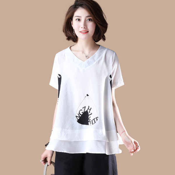 Printed T-shirt V-collar Short Sleeve Loose Top Summer Dress 