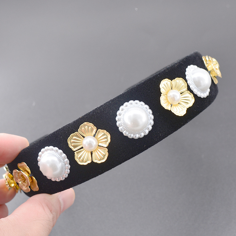 Baroque Simple Full Of Diamonds Pearls Sun Flowers Wide Headband Wholesale display picture 5