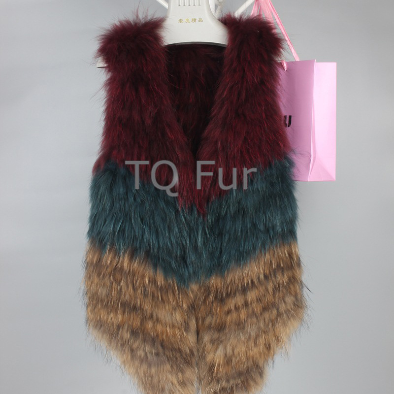 2019 Europe and America ebay Amazon Foreign trade weave leather and fur Vest Raccoon fur Tricolor leather and fur coat