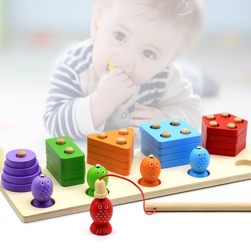 Wooden geometric shape five sets of columns fishing baby intelligence development color cognitive building blocks 0.6