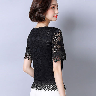 蕾丝短袖女夏2021新款镂空纯色雪纺衫流苏短款半袖小衫雷丝上衣仙