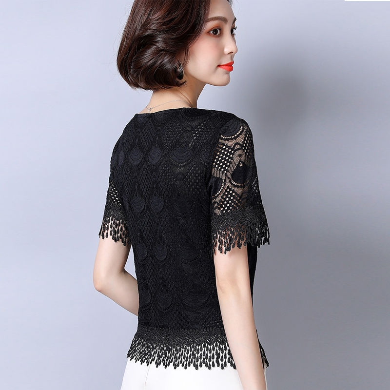蕾丝短袖女夏2021新款镂空纯色雪纺衫流苏短款半袖小衫雷丝上衣仙