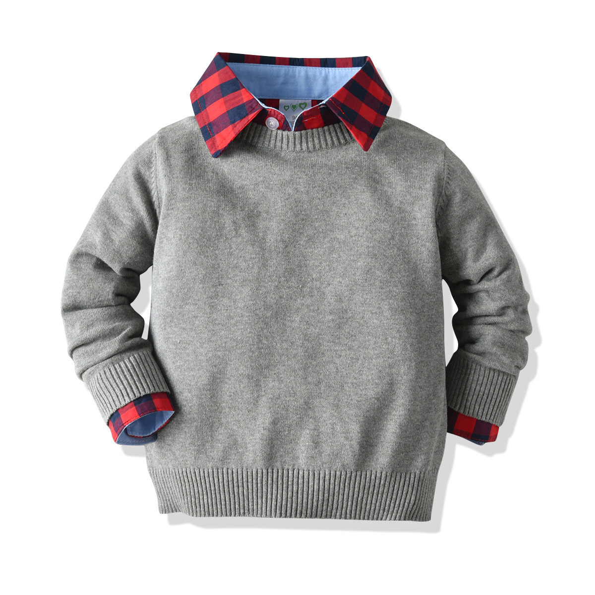 그레이 스웨터 + 레드 체크 셔츠