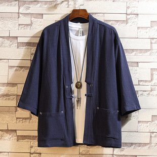 Spring and Summer New Chinese Style Men's Loose Cropped Sleeve Cardigan Solid Color Hanfu Japanese Style Linen Simple Taoist Robe Jacket