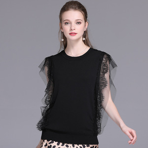Lace side flying flying sleeves short sweater bottoming shirt 