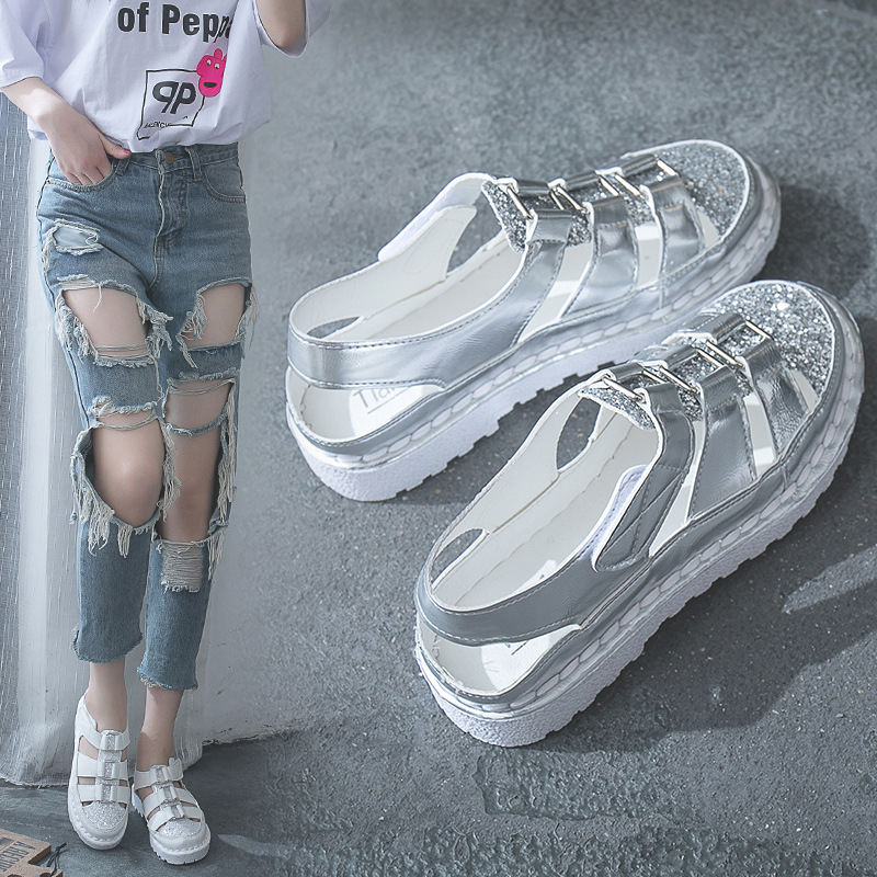 Sandal girl 2019 Spring and summer new pattern Korean Edition All-match fashion Hollow College wind Sandals Flat bottom leisure time Single shoes