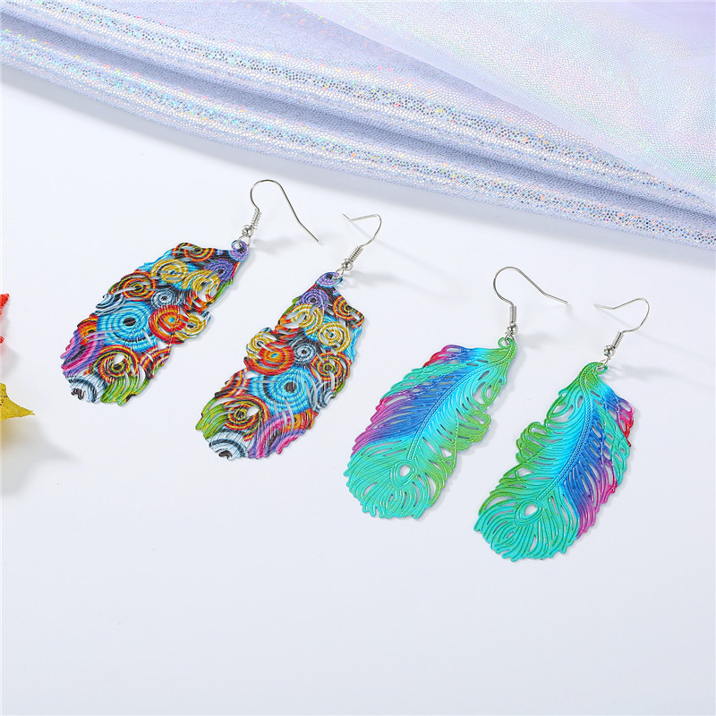 New Color Peacock Feather Big Earrings Retro Silver display picture 5