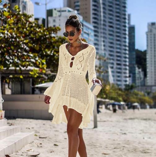 hollow bell-sleeved loose lace-up solid color knitted beach outdoor cover-up NSCYG132106