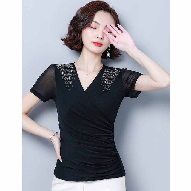 Summer net yarn T-shirt Black Sexy cross V-collar skinny blouse