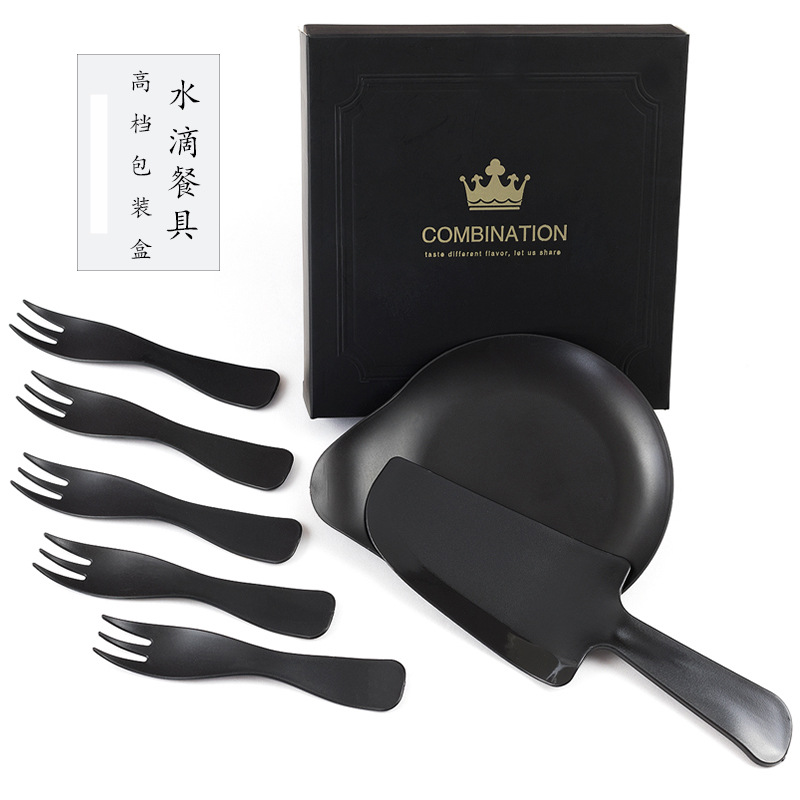 一次性蛋糕刀叉碟套装生日蛋糕餐具套装三合一组合水滴盘套装