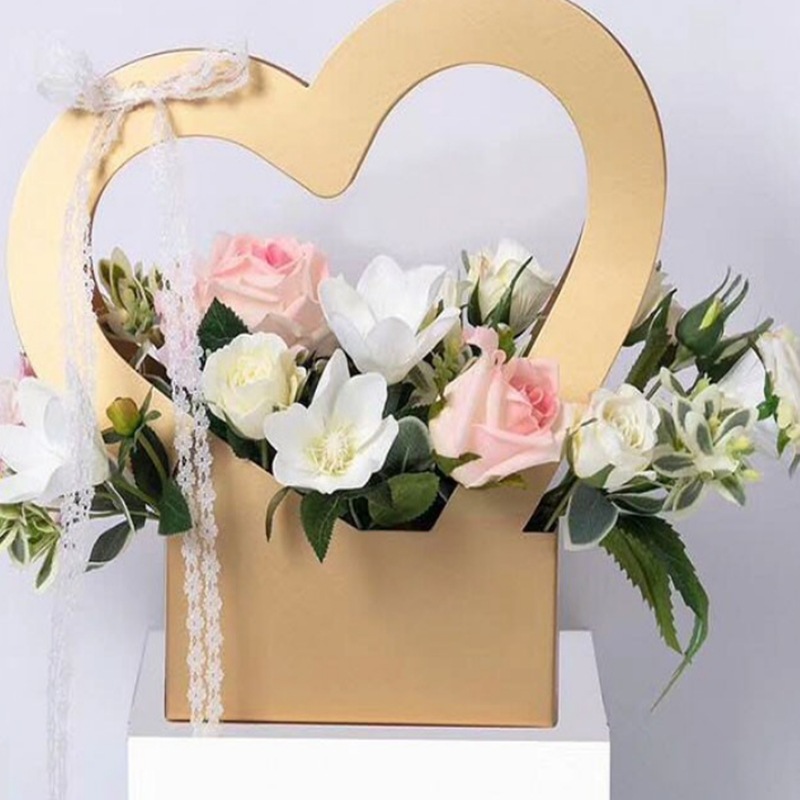 爱心牛皮纸礼品盒手提花篮鲜花插花篮子纸质防水折叠花盒鲜花包装