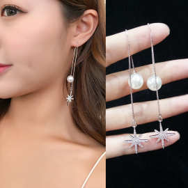 925银针韩国气质个性长款流苏珍珠耳环时尚百搭星星雪花耳坠耳线