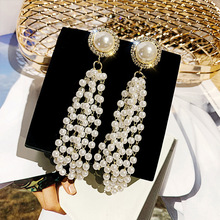 S925银针镶钻珍珠流苏耳环气质韩国个性珍珠耳钉长款简约时尚耳坠