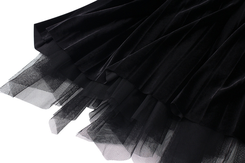 Dames rok geplooid van fluweel met mesh en goud accent_voghion.com