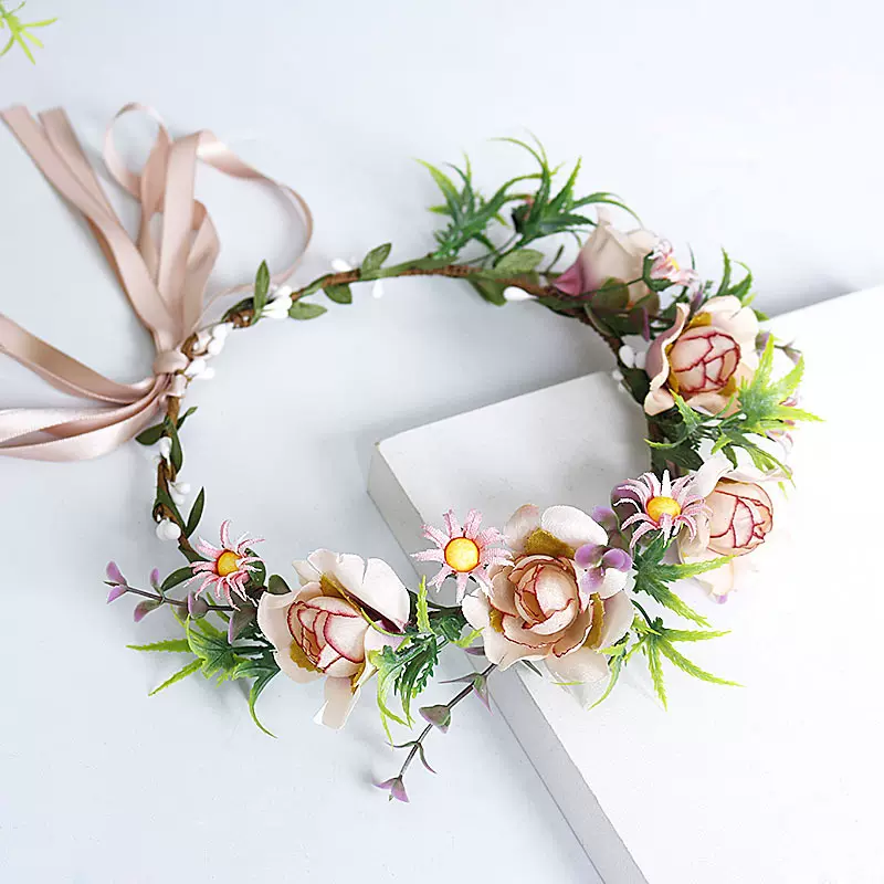 新娘头饰森系韩式仙美花环绿叶发箍伴娘花童沙滩头饰旅游纪念发饰