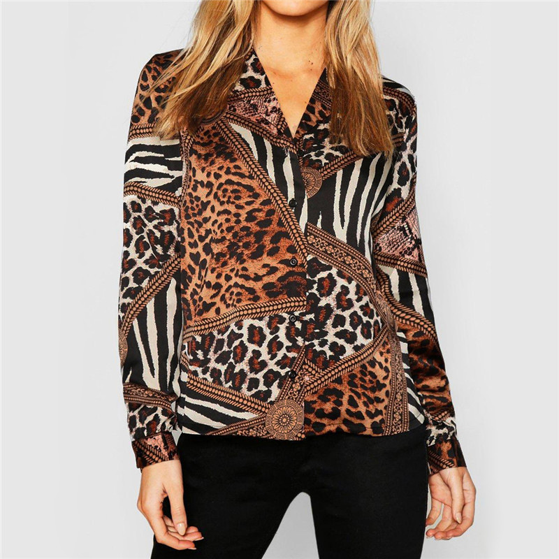 leopard print V-neck long-sleeved chiffon shirt NSGE37736