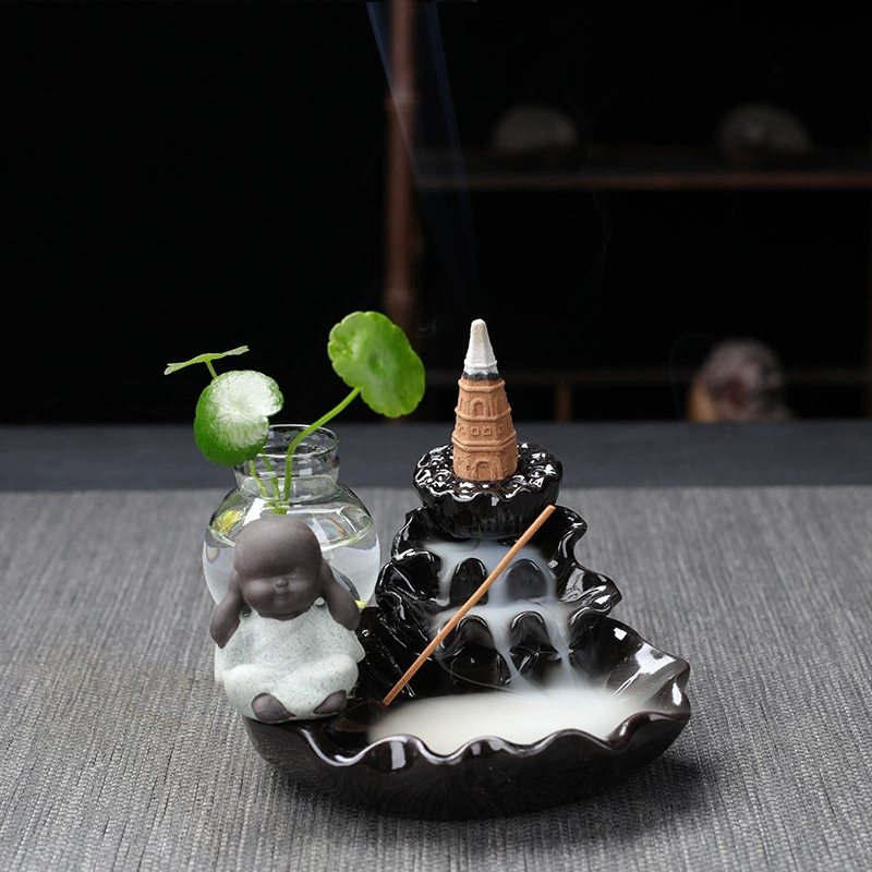  ceramic backflow incense burner (zisha) with xiao monk, flowing water design, home & office