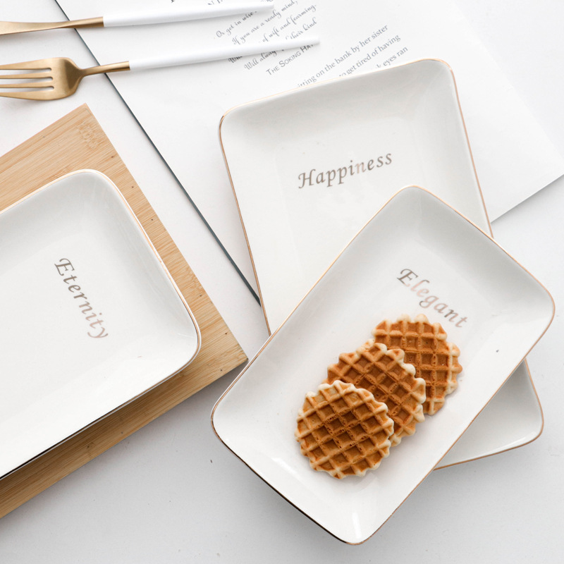 轻奢金边陶瓷长方盘日式手绘寿司盘蛋糕盘西餐点心摆盘早餐盘