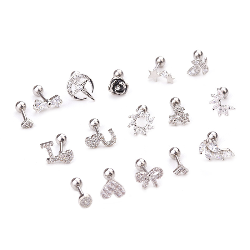 Fashion new zircon flower love bowknot screw alloy ear bone nails