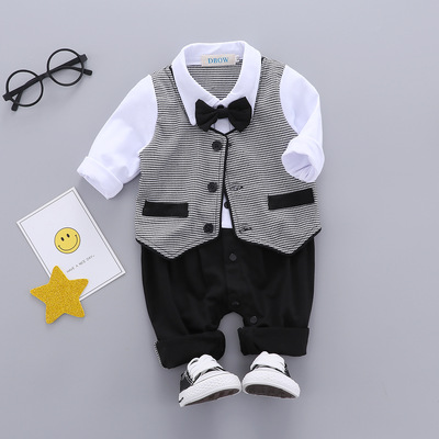 欧美童装外贸款帅气男童宝宝长袖绅士格子爬爬服蝴蝶结哈衣连体衣|ms