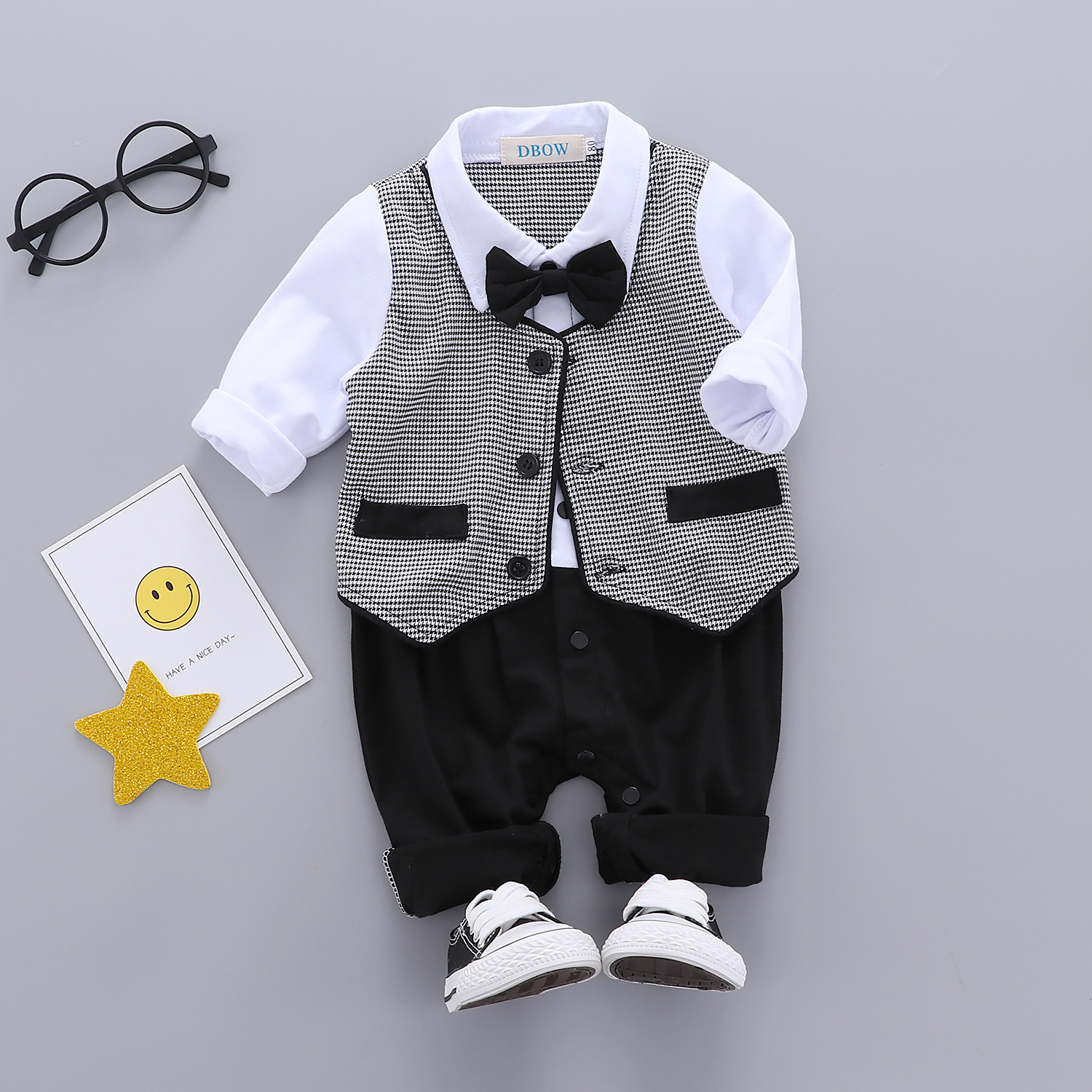 欧美童装外贸款帅气男童宝宝长袖绅士格子爬爬服蝴蝶结哈衣连体衣|ms