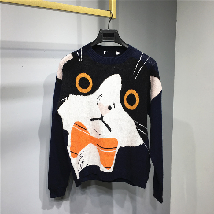 Men's Wool Sweater With Cat Pattern Round Neck Couple Knit Top_voghion.com