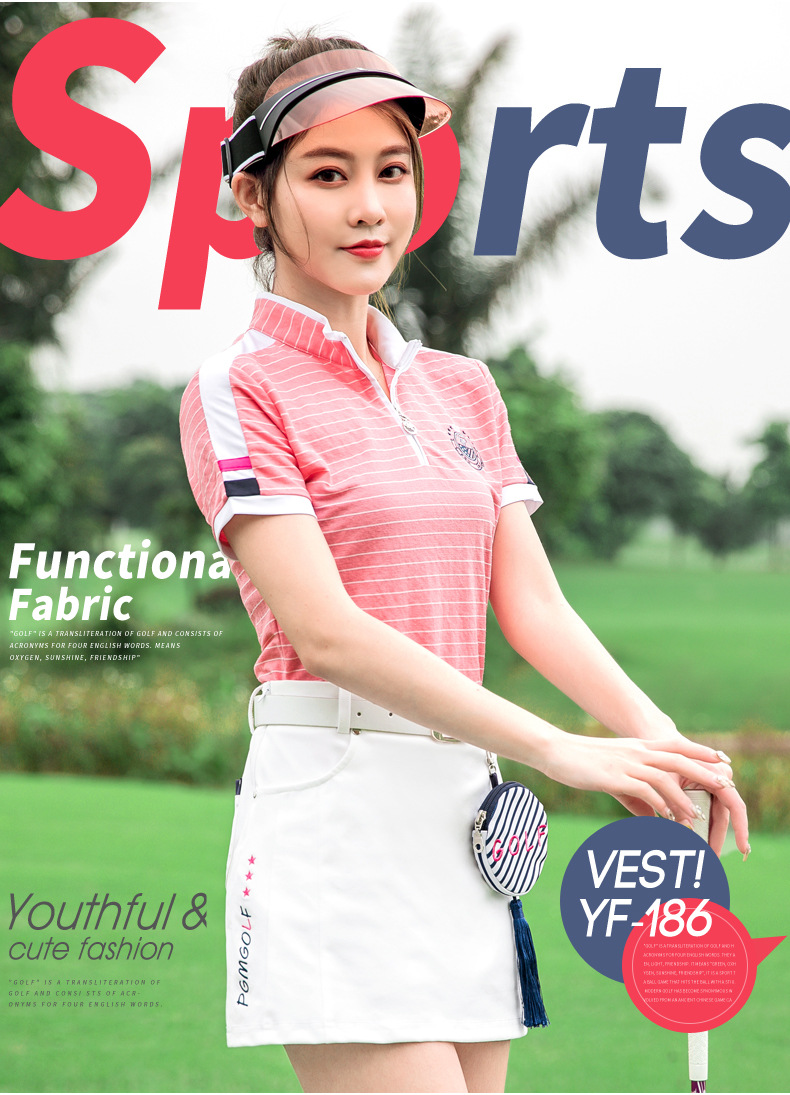 Bộ đồ golf nữ tay ngắn sọc mùa hè — YF075-màu xanh đậm, YF186 nữ sọc ngắn tay màu hồng trắng, YF186 nữ tay ngắn sọc xanh đậm trắng, YF075-màu đỏ hoa hồng chi tiết 2