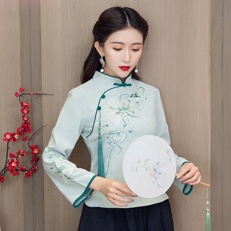 Chinese dress oriental qipao for women girls  tang suit jacket paragraph cheongsam coat Chinese style  embroidered the tea zen art  blouses qipao dress for female