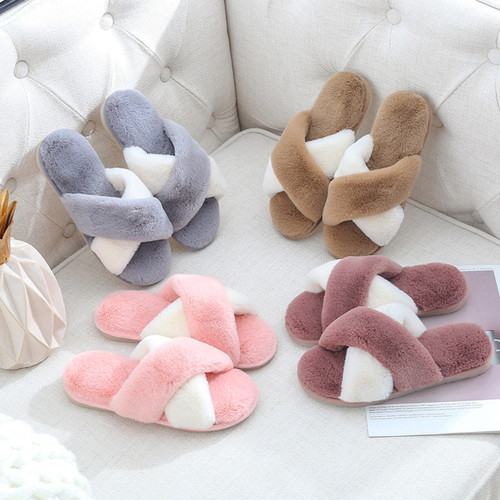 Cixi Younuo Shoes New Furry Cross Strip Contrast Color Floor Slippers Spring and Autumn Warm Fashion Simple Home Slippers