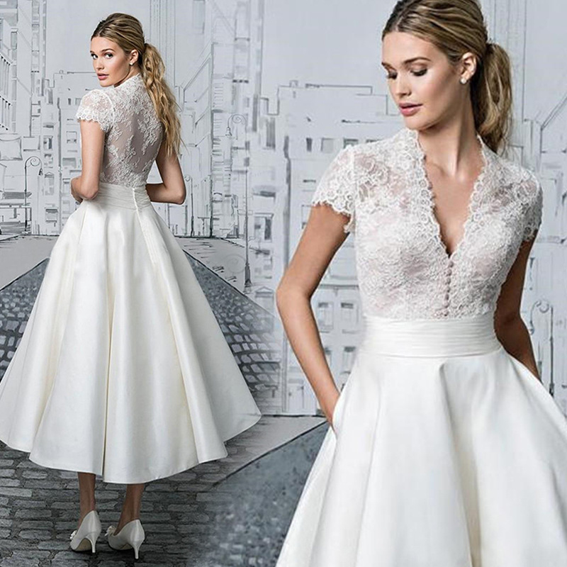Foreign Trade Wedding Dress 2025 Stand Collar Deep V Short-Sleeved Lace Slim Fashion Bridal Mid-Length Wedding Dress