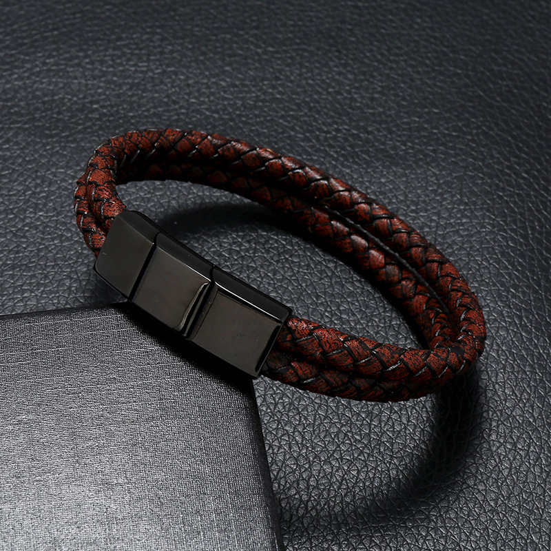 Simple Creative Woven Stainless Steel Men&#39;s Pu Leather Bracelet display picture 2