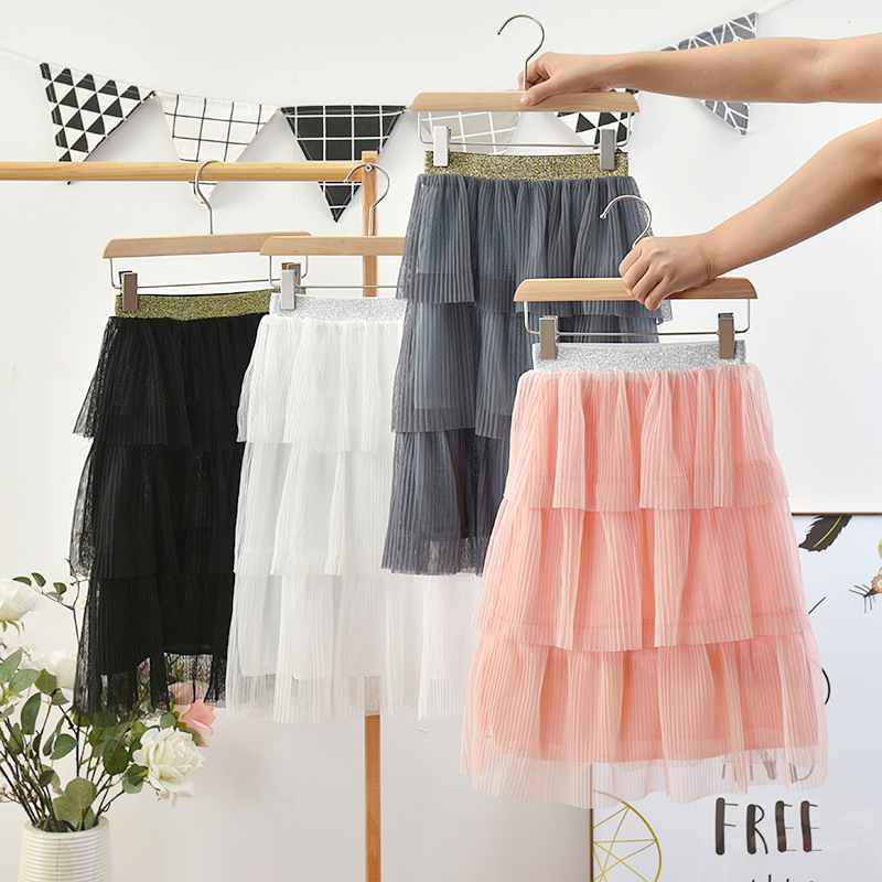 New Medium and Large Children's Wear 2021 Spring Girl's Sweet Pleated Cake Princess Skirt Fashion Half-length Mesh Skirt Waist Skirt