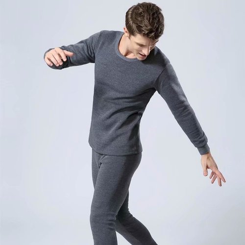 Thermal underwear set for men, solid color bottoming shirt, round neck autumn coat, long trousers, velvet and thickened youth winter trousers