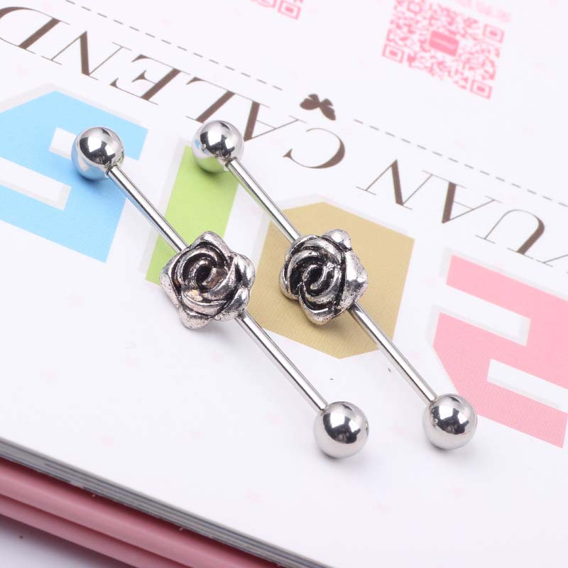 Vintage Flower Long Rod Industrial Ear Studs 316L Surgical Steel Piercing Jewelry Unisex detail image 9