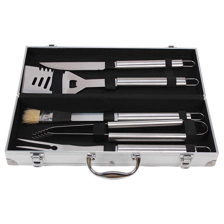 [Fuente de fábrica] en stock barbacoa herramientas de acero inoxidable caja de aluminio de 5 piezas utensilios de barbacoa al aire libre traje