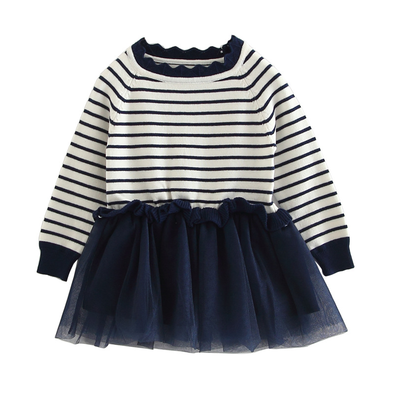 Vestido de suéter de primavera y otoño para niñas Vestido de princesa de encaje a rayas europeo y americano falso falda de dos piezas para niños de lana