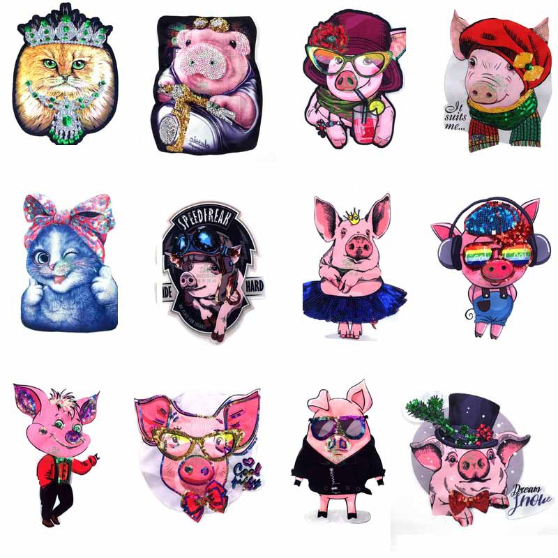 2019新款豬豬卡通布貼飾品 工廠直銷亮片豬仔繡刺繡靓可定制圖案