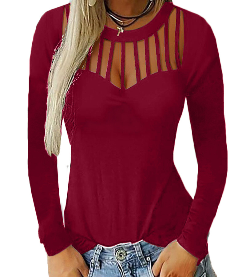 Solid Color Hollow Long-Sleeved T-Shirt NSYHY106893