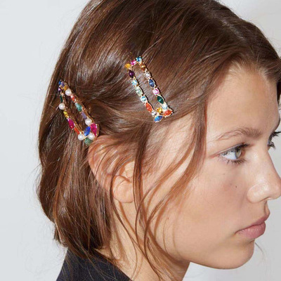 2F0769欧美街拍同款彩钻合金发夹 跨境时尚创意几何水滴形一字夹