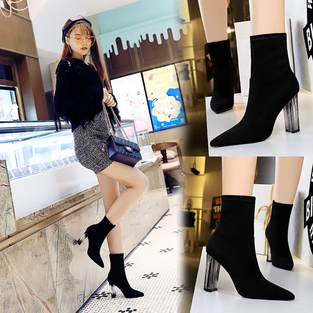 European and American winter fashion simple transparent crystal and super high heel suede thin sexy nightclub short boot