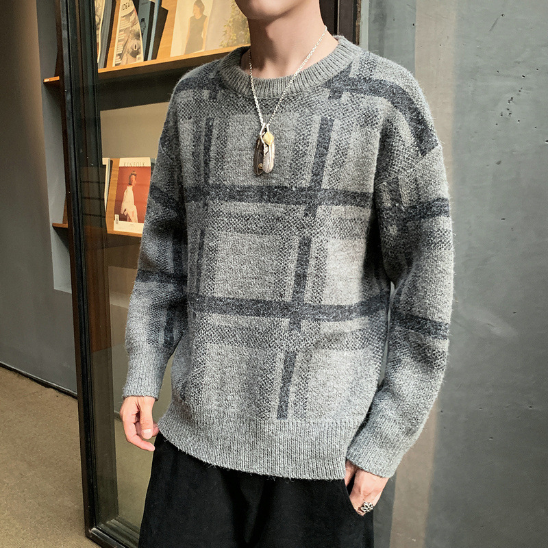 2019針織衫男士新款潮流日系格子圓領套頭毛衣男式打底衫壹件代發