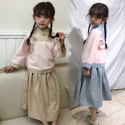 女童複古套裝2019春秋新民國風刺繡漢服襦裙中國風寶寶唐裝兩件套