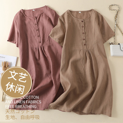 文艺休闲大码棉麻宽松版连衣裙气质园领夏季亚麻棉长款清爽连裙款|ru